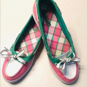 Sperry Preppy Pink Green Plaid TopSiders 8.5M EUC